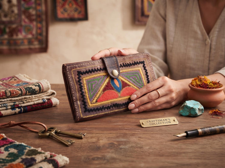 Handmade Vintage Embroidered Leather Wallet: 1970s Boho Purse