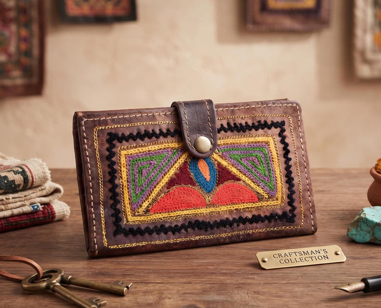 Handmade Vintage Embroidered Leather Wallet: 1970s Boho Purse