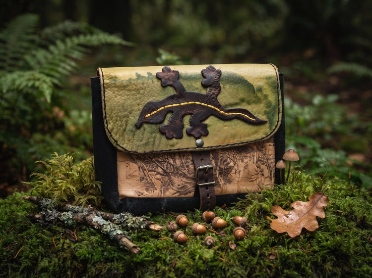 Unique Gecko Leather Bag, Patchwork Leather Crossbody, Reptile Purse, Boho Hippie Satchel, Upcycled Artist Bag