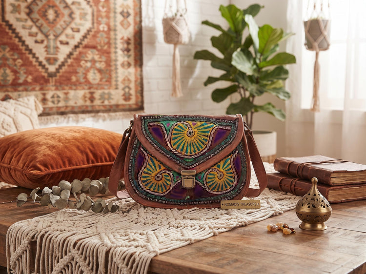 Embroidered Leather Crossbody Bag: Boho Hippie Festival Style