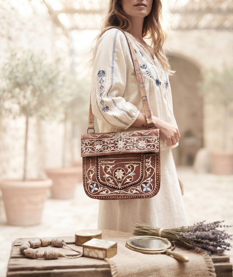 Antique Berber Leather Bag, Vintage Moroccan Handbag, Embroidered Boho Shoulder Bag, Tribal Hippie Purse, North African Ethnic Bag