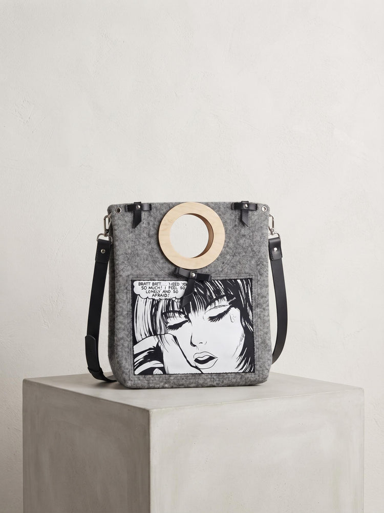Japanese Kawaii Felt Tote Bag, Cartoon Manga Shoulder Bag, Grey Felt Shopper, Wooden Handle Laptop Bag, Quirky Y2K Gift