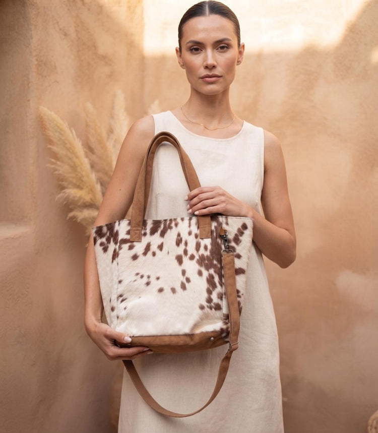 Large Cowhide Leather Tote, Western Crossbody Bag, Brown White Cow Print Purse, Boho Leather Shopper, Cowgirl Festival Bag