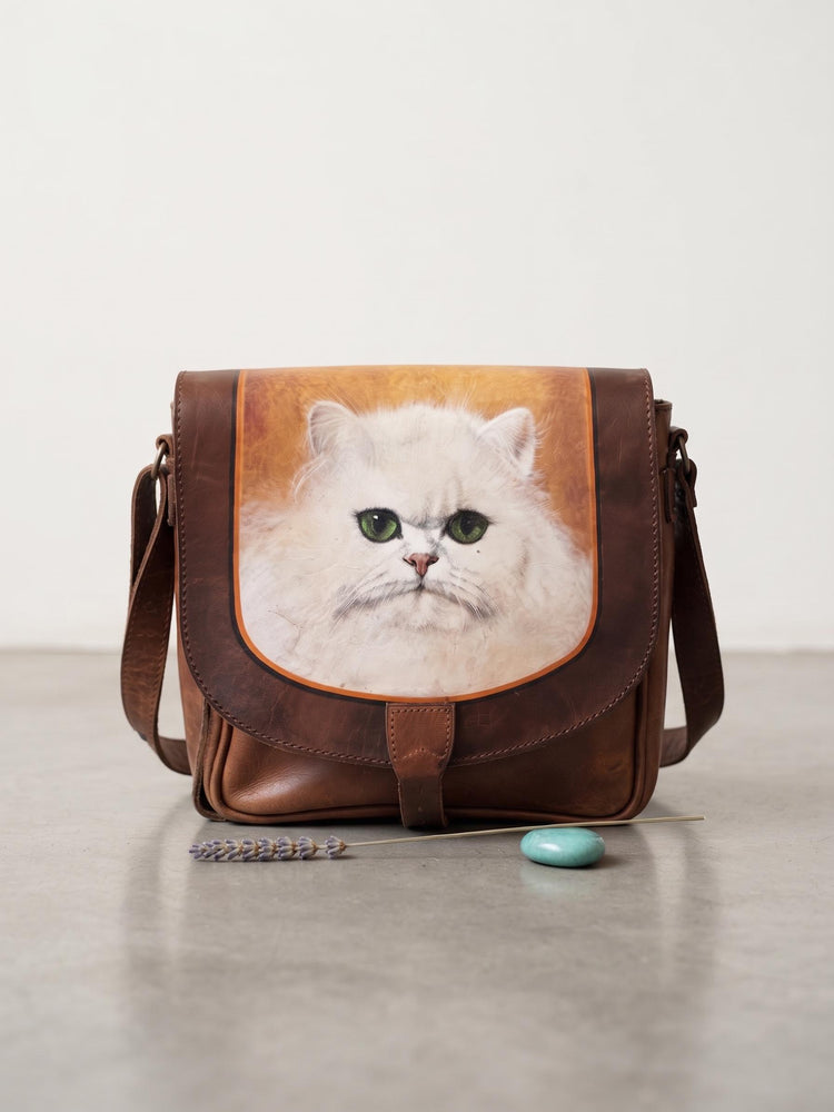 Vintage Cat Leather Bag, Hand Painted Persian Cat Purse, Western Saddle Bag, Boho Hippie Shoulder Bag, Unique Crazy Cat Lady Gift