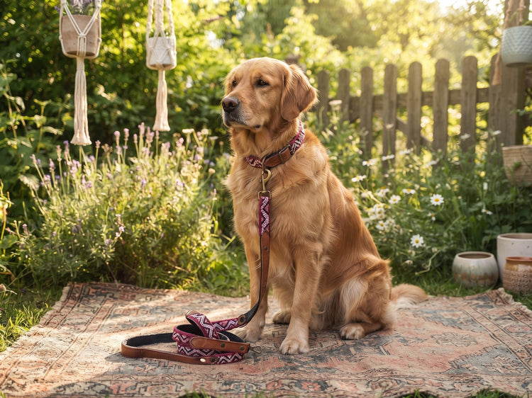 Handmade Leather Dog Collar & Leash Set: Upcycled Moroccan Kilim, Medium Size