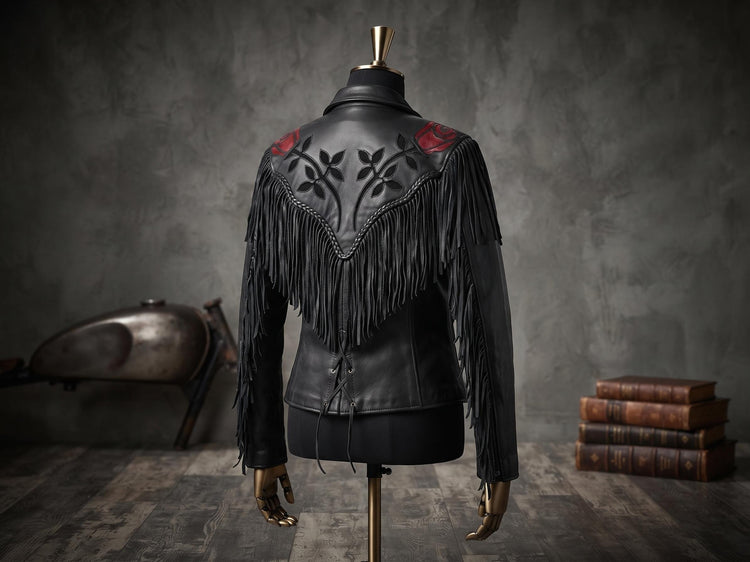 Vintage 80s Leather Biker Jacket with Fringe – Punk Tassel Motorcycle Jacket – Made in USA – Size S