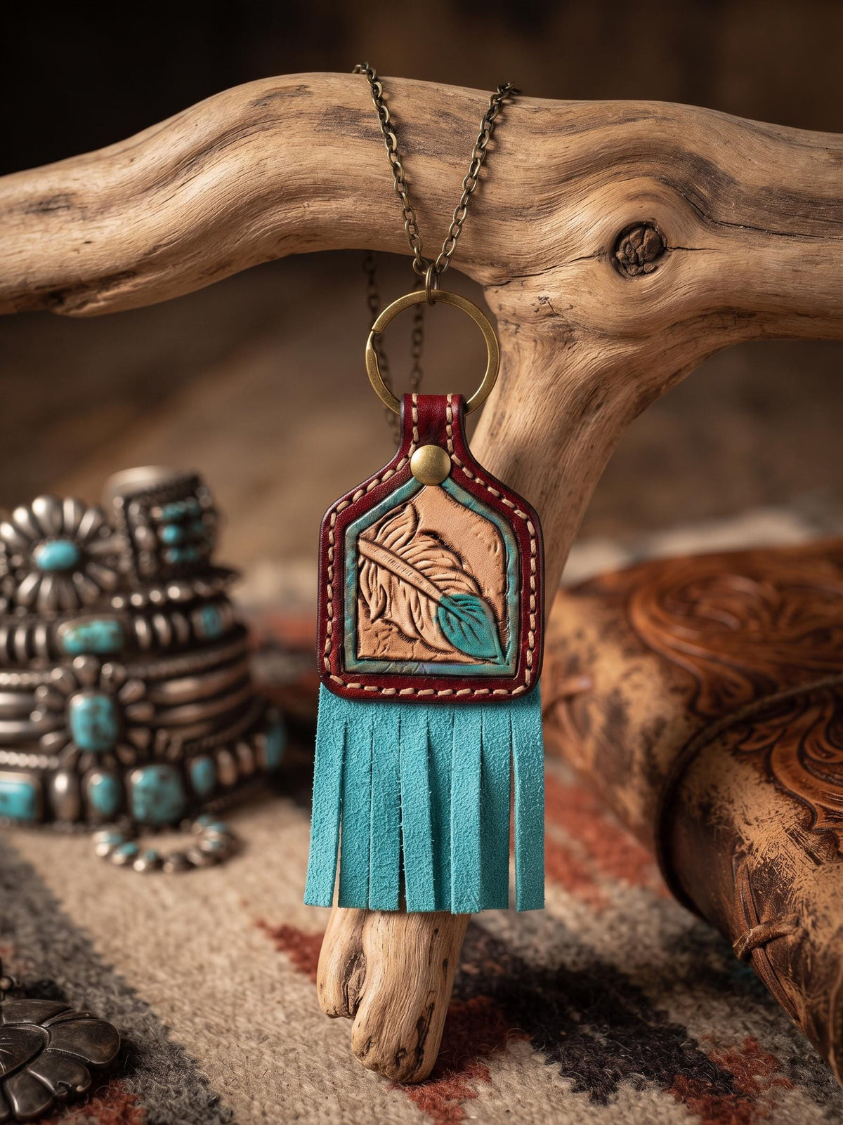 Hand Tooled Leather Feather Keychain: Turquoise Suede Fringe Western Purse Charm
