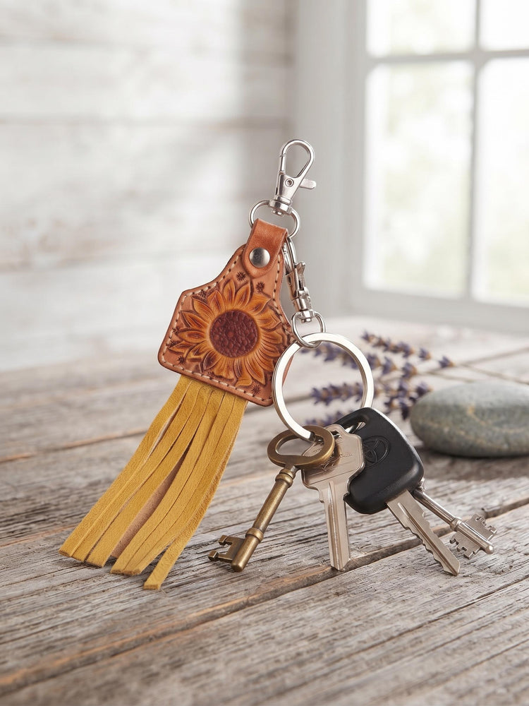 Hand Tooled Leather Sunflower Keychain with Fringe – Boho Western Bag Charm