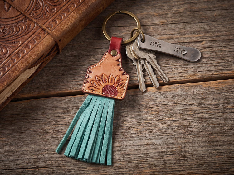 Hand-Tooled Leather Sunflower Keychain: Western Fringe Boho Purse Charm
