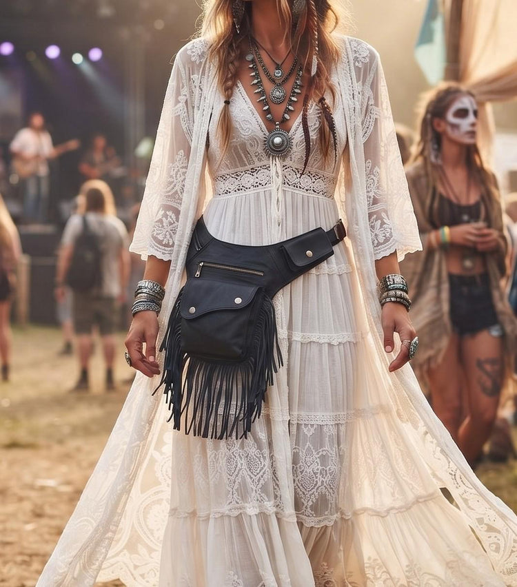 Leather Festival Belt Bag with Fringe – Boho Hip Pouch, Western Bum Bag & Steampunk Waist Bag