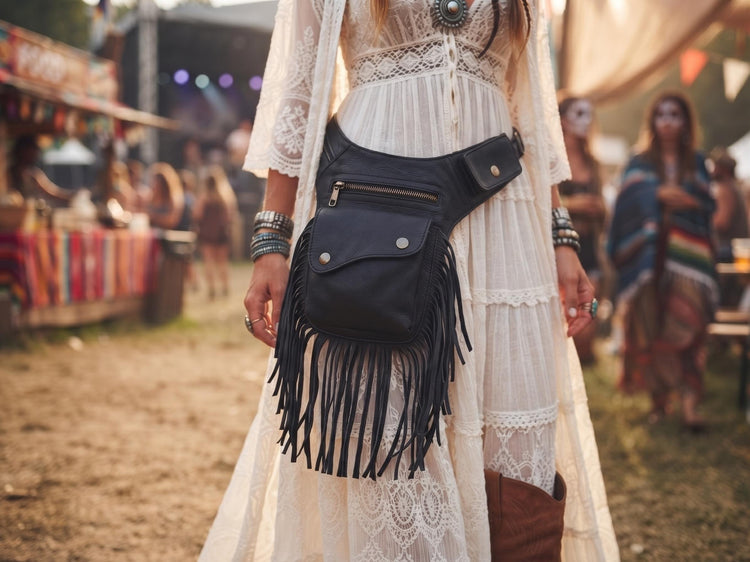 Leather Festival Belt Bag with Fringe – Boho Hip Pouch, Western Bum Bag & Steampunk Waist Bag