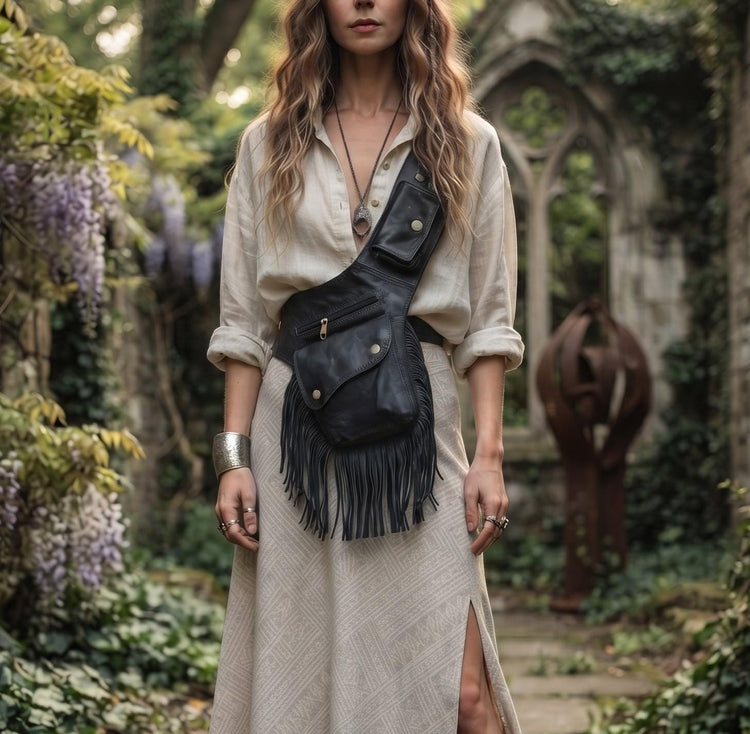 Leather Festival Belt Bag with Fringe – Boho Hip Pouch, Western Bum Bag & Steampunk Waist Bag