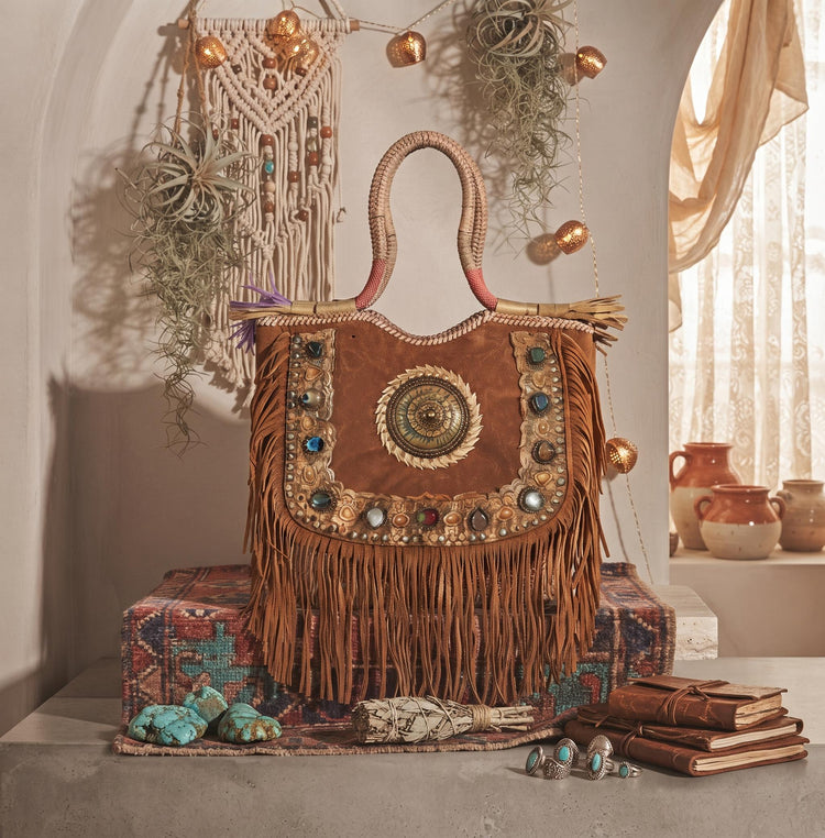 Large Boho Fringe Leather Purse: Artisan Handmade Gemstone Tote