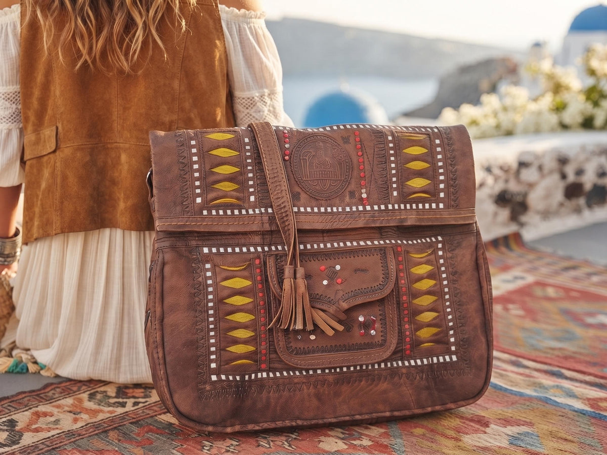 Large Tooled Leather Tote Bag – Handmade Moroccan Boho Shoulder Bag