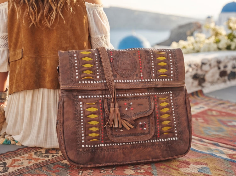 Large Tooled Leather Tote Bag – Handmade Moroccan Boho Shoulder Bag