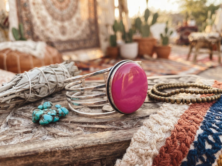 Hot Pink Agate Cuff Bracelet: Sterling Silver Plated Boho Jewelry