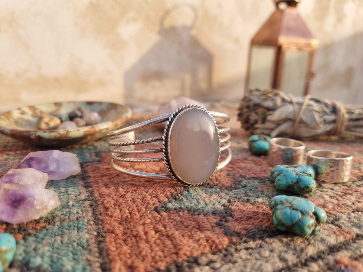 Blue Lace Agate Cuff Bracelet: Sterling Silver Plated Boho Bangle
