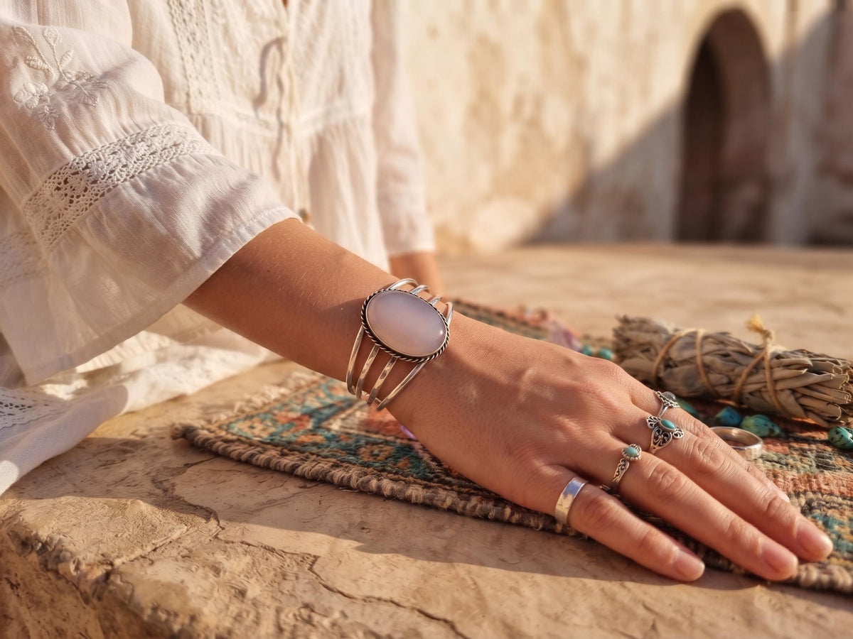 Blue Lace Agate Cuff Bracelet: Sterling Silver Plated Boho Bangle
