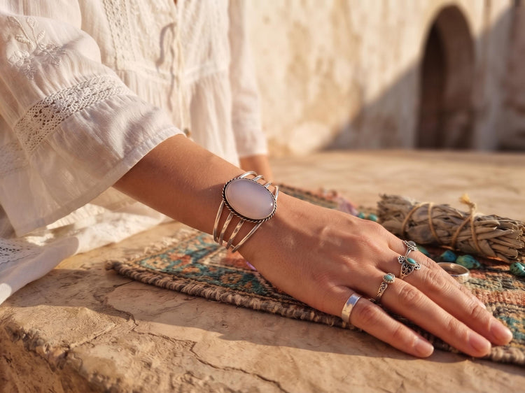 Blue Lace Agate Cuff Bracelet: Sterling Silver Plated Boho Bangle
