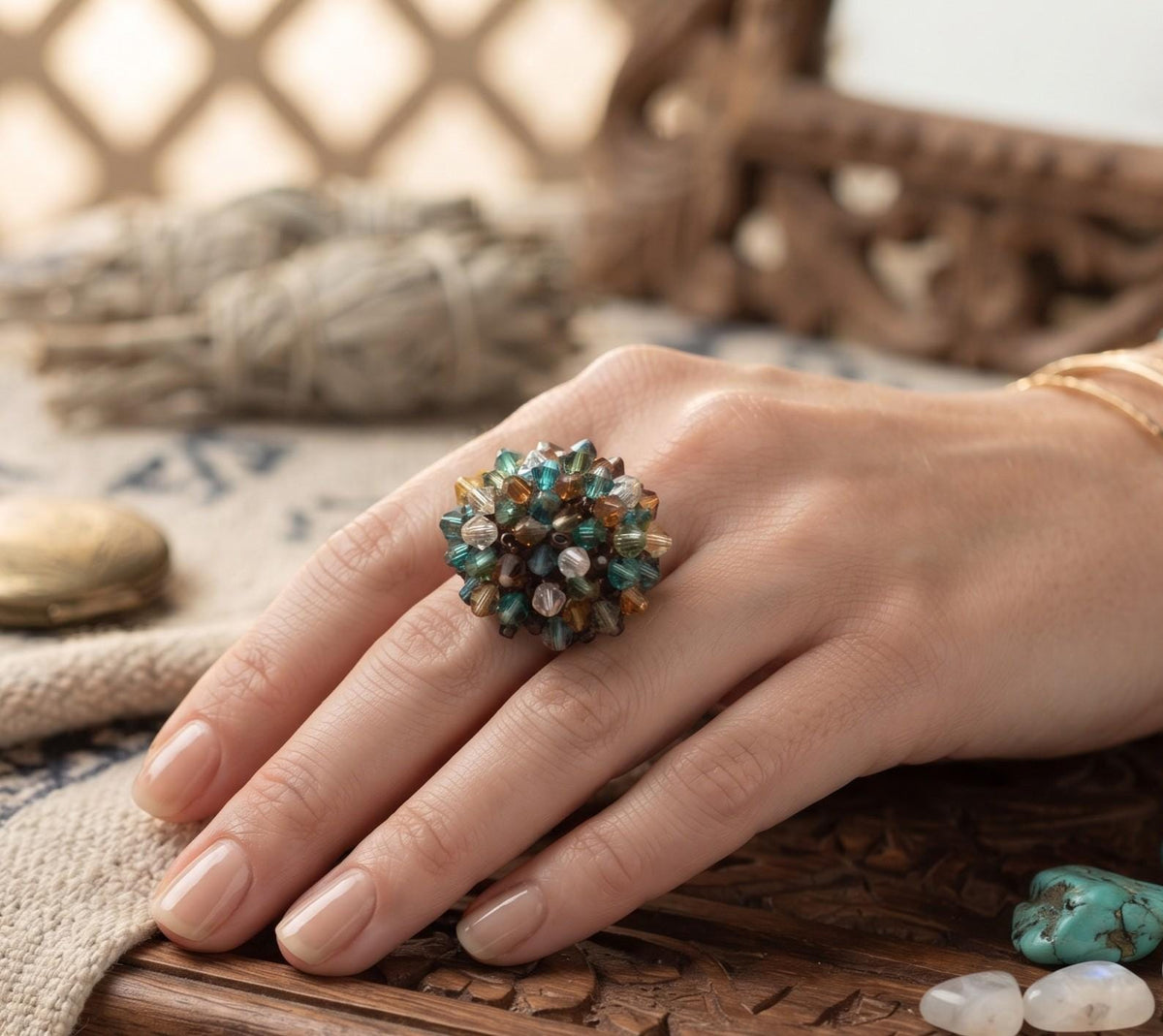 Multicoloured Beaded Statement Ring – Large Round Glass Bead Design – Adjustable Silver Band – Bohemian Artisan Jewellery