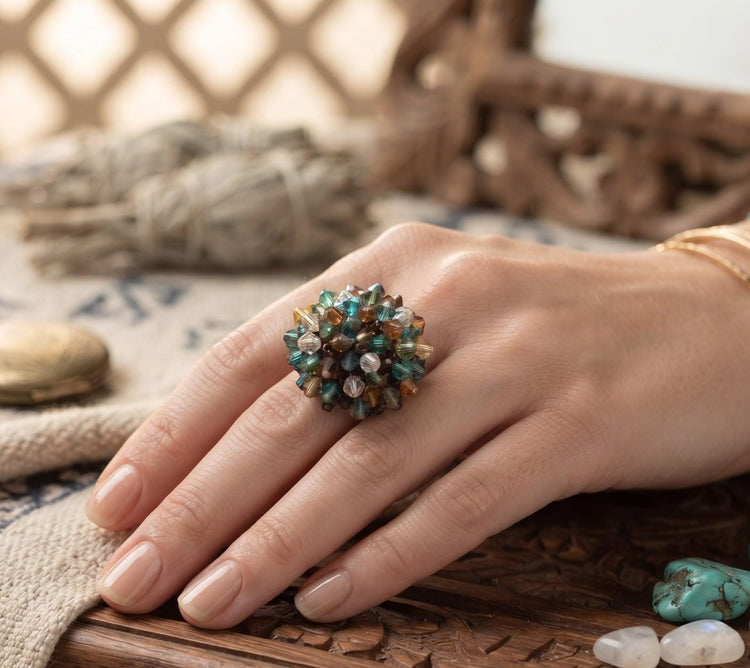 Multicoloured Beaded Statement Ring – Large Round Glass Bead Design – Adjustable Silver Band – Bohemian Artisan Jewellery