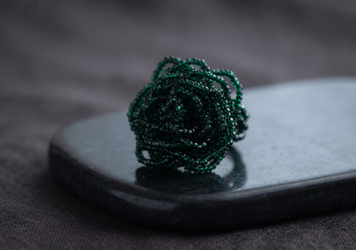 Dark Green Beaded Flower Ring – Emerald Handmade Statement Jewellery – Large Bohemian Floral Accessory
