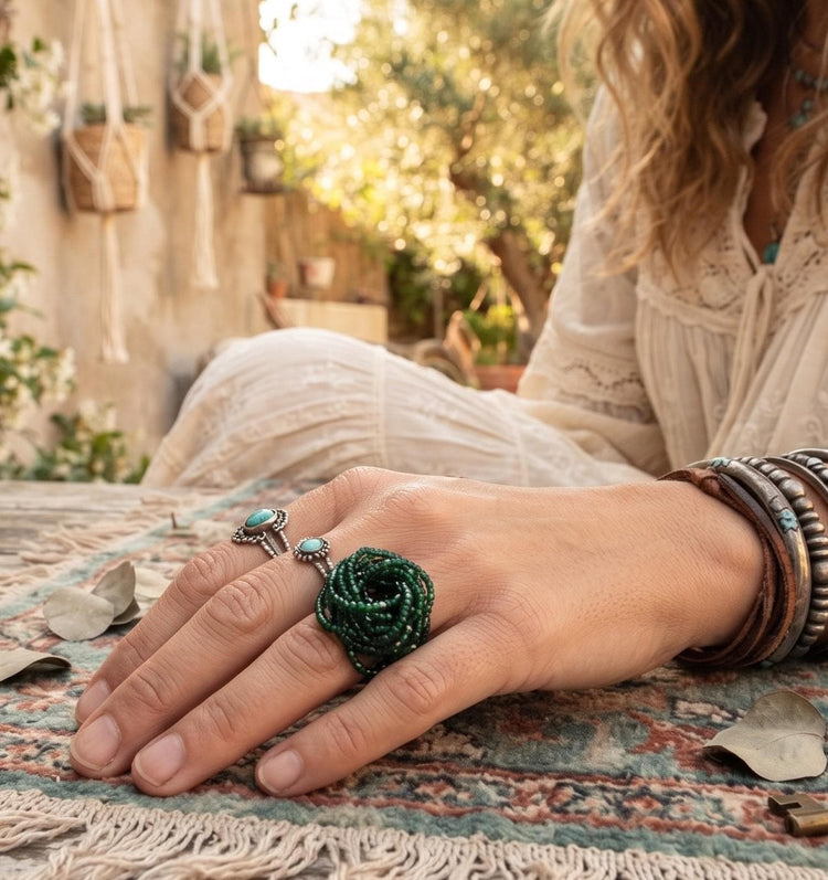 Dark Green Beaded Flower Ring – Emerald Handmade Statement Jewellery – Large Bohemian Floral Accessory