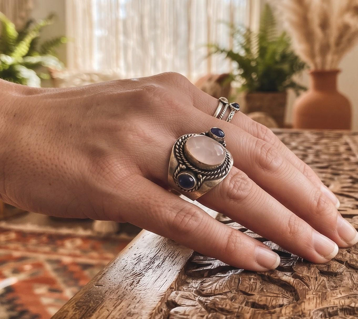 Vintage Silver Onyx Ring, Antique Afghan Jewellery, Boho Statement Crystal Stone Ring, Handmade Tibetan, Kuchi Turkmen Tribal Fashion