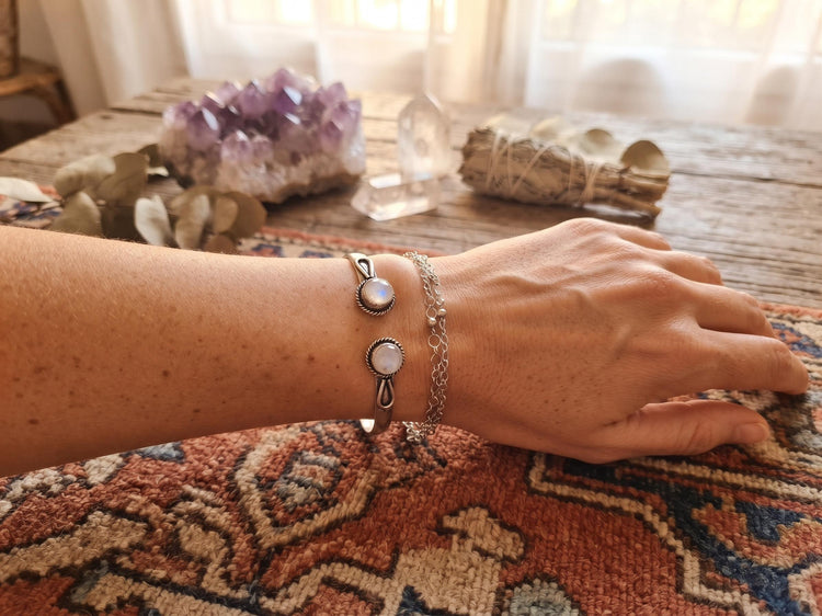 Boho Moonstone 925 Sterling Silver Cuff Bracelet, Slim Filigree Bangle, Vintage Bohemian Jewellery, Gift for Her