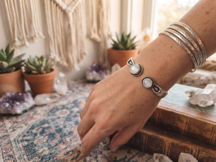 Boho Moonstone 925 Sterling Silver Cuff Bracelet, Slim Filigree Bangle, Vintage Bohemian Jewellery, Gift for Her