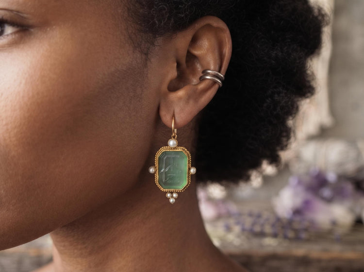 Vintage Intaglio Drop Earrings: Blue Crystal, Faux Pearl, Brass