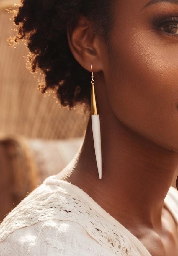 Ivory Bone Drop Earrings: African Brass Spikes, Boho Tribal Jewelry