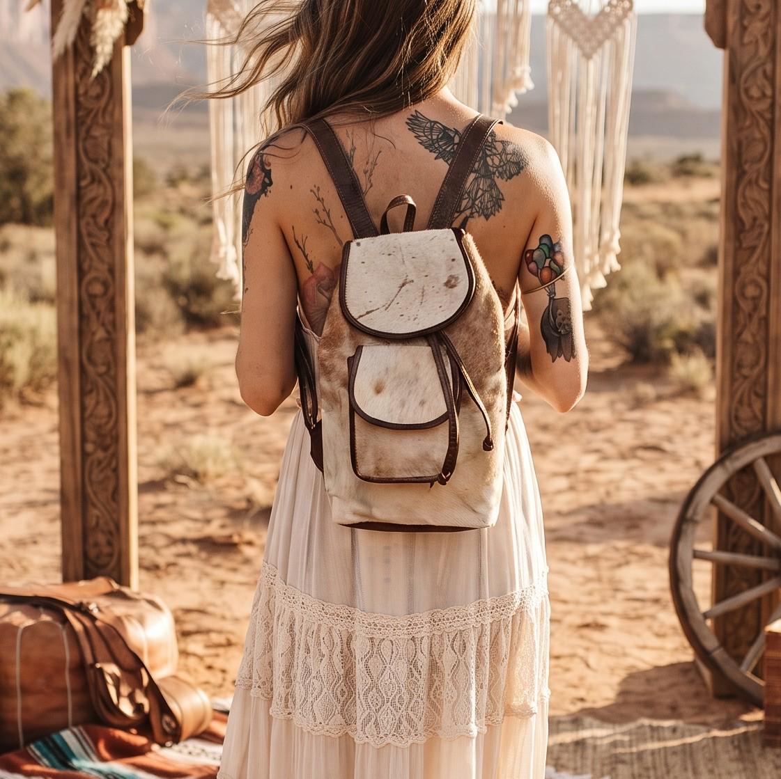 Cowhide Leather Backpack – Small Western Rucksack with Cow Print, Fringe & Conchos