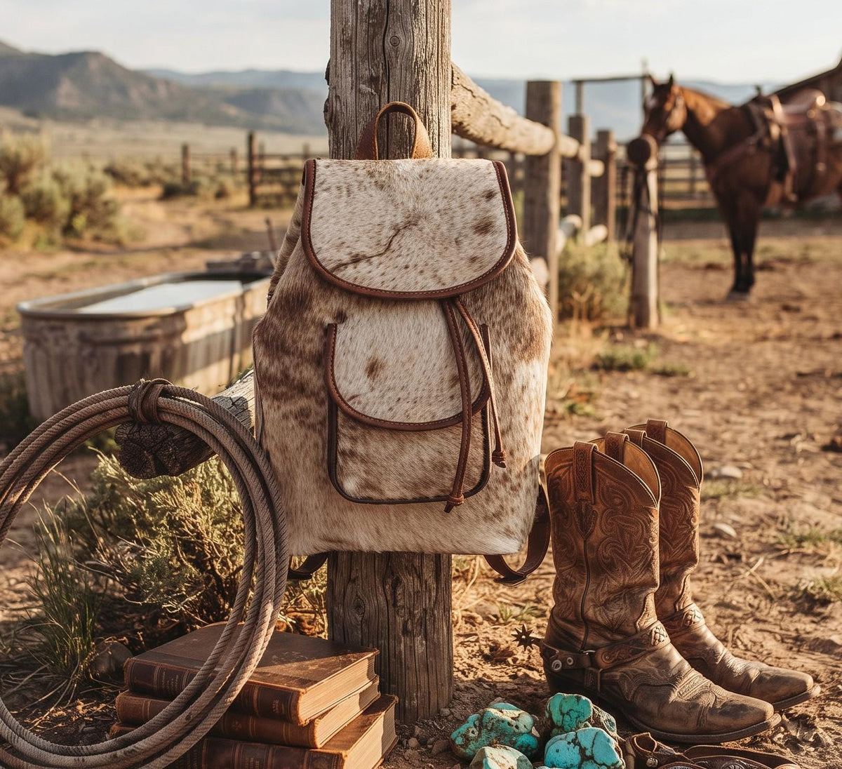 Cowhide Leather Backpack – Small Western Rucksack with Cow Print, Fringe & Conchos
