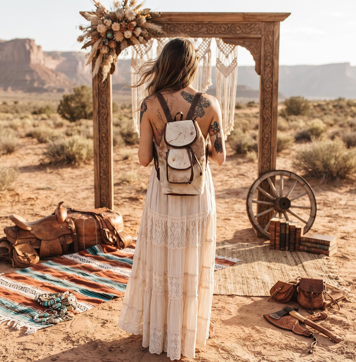 Cowhide Leather Backpack – Small Western Rucksack with Cow Print, Fringe & Conchos