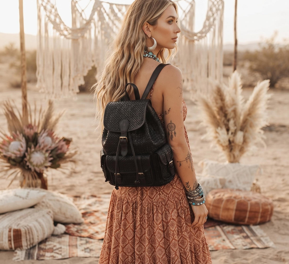Large Braided Woven Leather Backpack Women, Boho Hippie Rucksack, Laptop Travel Bag, Handmade Moroccan Crafts