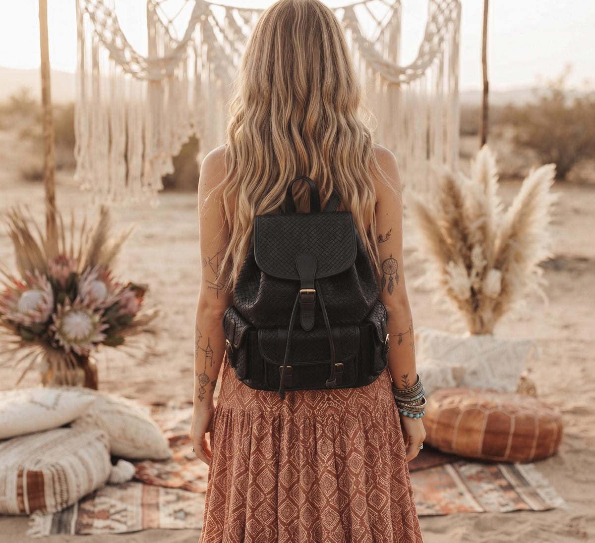 Large Braided Woven Leather Backpack Women, Boho Hippie Rucksack, Laptop Travel Bag, Handmade Moroccan Crafts