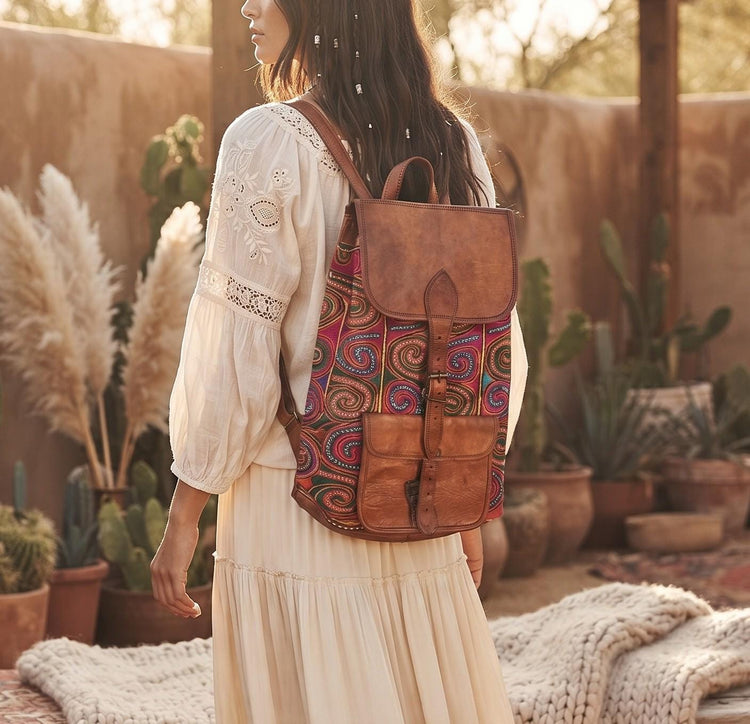 Hand Embroidered Leather Backpack: Bohemian Travel Bag