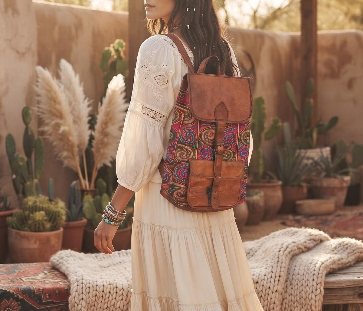 Hand Embroidered Leather Backpack: Bohemian Travel Bag
