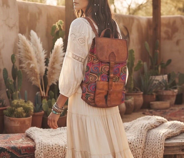 Hand Embroidered Leather Backpack: Bohemian Travel Bag