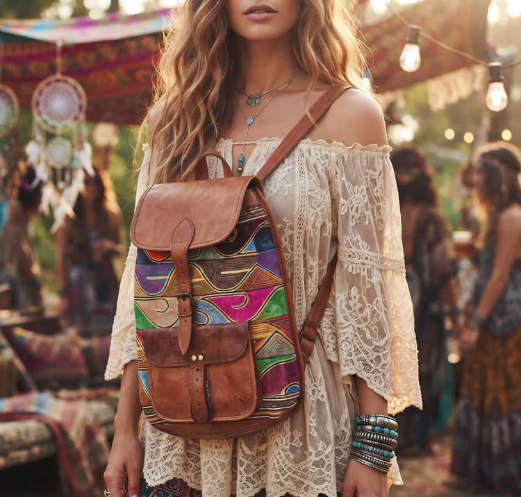 Hand Embroidered Leather Backpack: Bohemian Travel Bag
