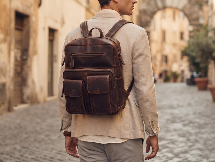 Men’s Leather Laptop Backpack – Handmade Buffalo Leather Rucksack in Dark Brown
