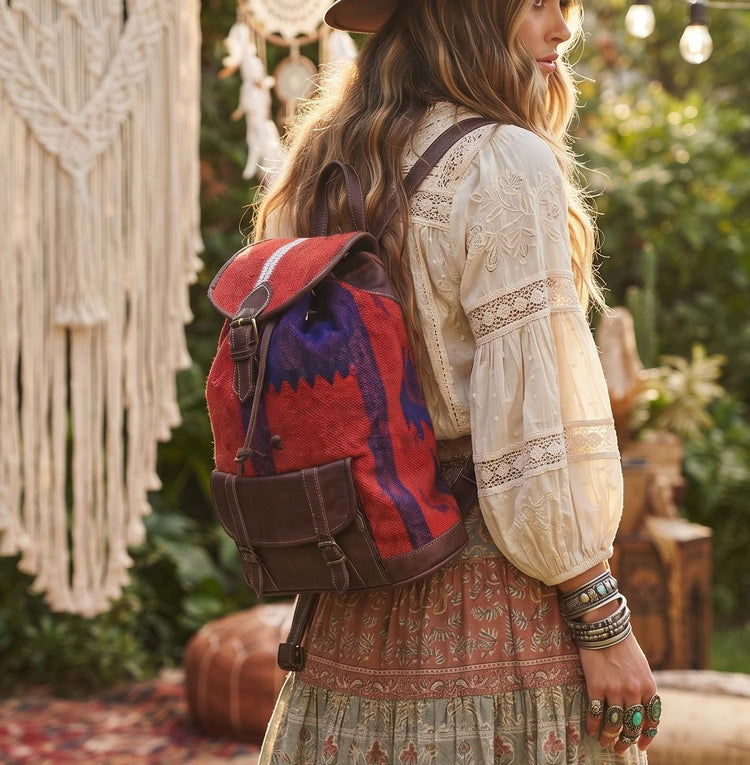 Vintage Moroccan Kilim Carpet Leather Backpack, Ethnic Travel Rucksack, Upcycled Woven Blanket Bag, Boho Hippie Bag