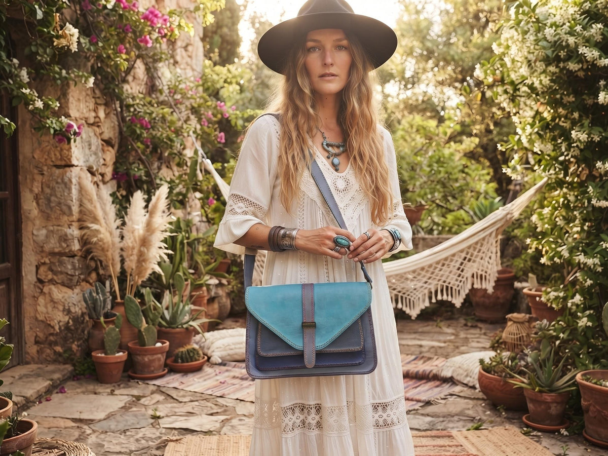 Blue Patchwork Leather Bag, Upcycled Leather Crossbody Purse, Boho Saddle Bag, Colour Block Shoulder Bag, Handmade Leather Handbag