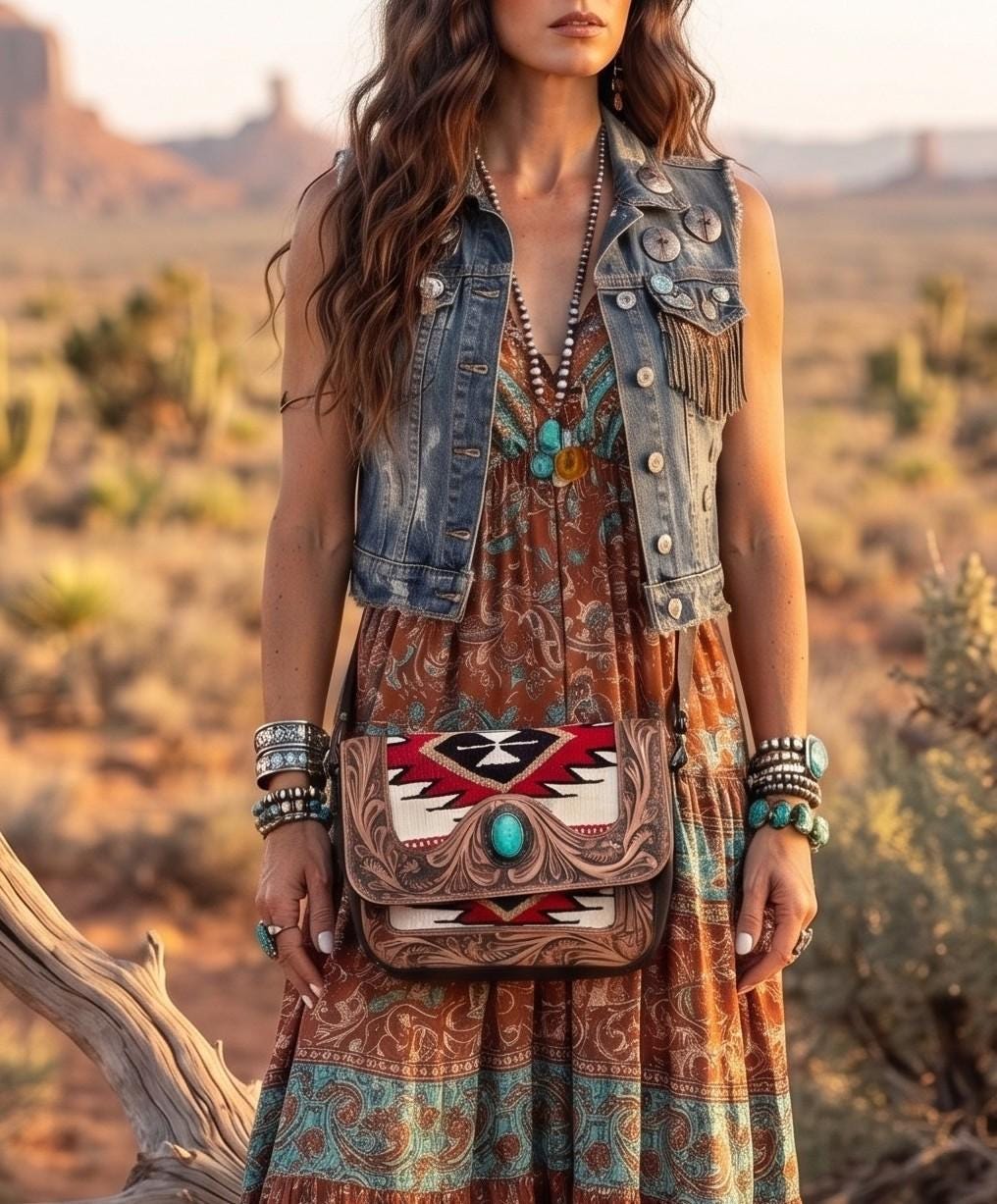 Southwestern Aztec Carpet Bag, Tooled Leather Boho Tote, Cowgirl Shoulder Bag, Western Hippie Travel Bag, Handmade Festival Purse
