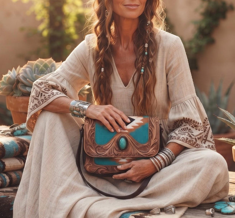 Southwestern Aztec Carpet Bag, Tooled Leather Boho Tote, Cowgirl Shoulder Bag, Western Hippie Travel Bag, Handmade Festival Purse