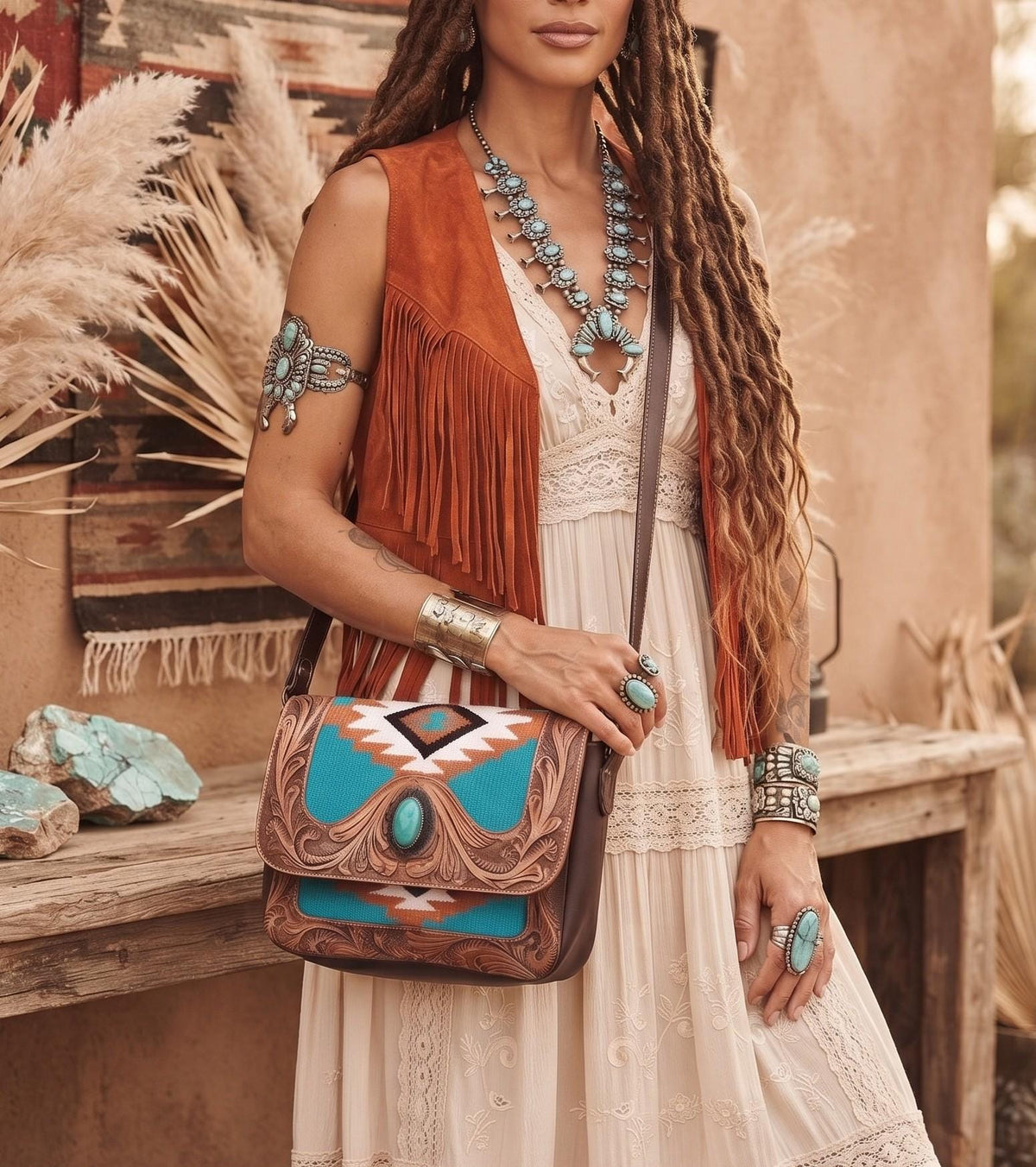 Southwestern Aztec Carpet Bag, Tooled Leather Boho Tote, Cowgirl Shoulder Bag, Western Hippie Travel Bag, Handmade Festival Purse
