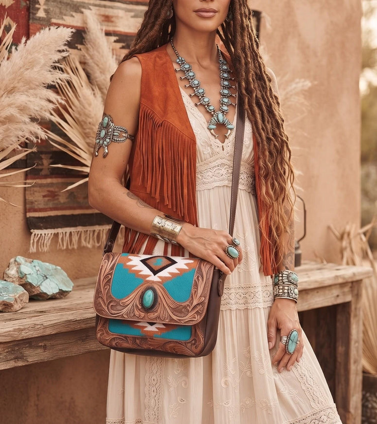 Southwestern Aztec Carpet Bag, Tooled Leather Boho Tote, Cowgirl Shoulder Bag, Western Hippie Travel Bag, Handmade Festival Purse