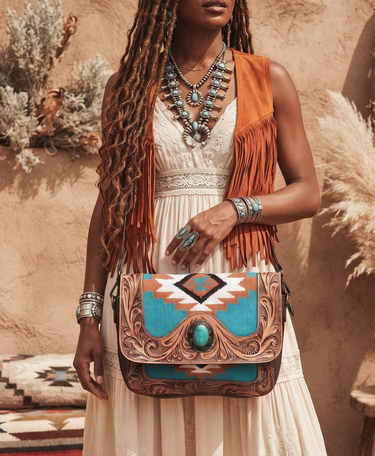 Southwestern Aztec Carpet Bag, Tooled Leather Boho Tote, Cowgirl Shoulder Bag, Western Hippie Travel Bag, Handmade Festival Purse