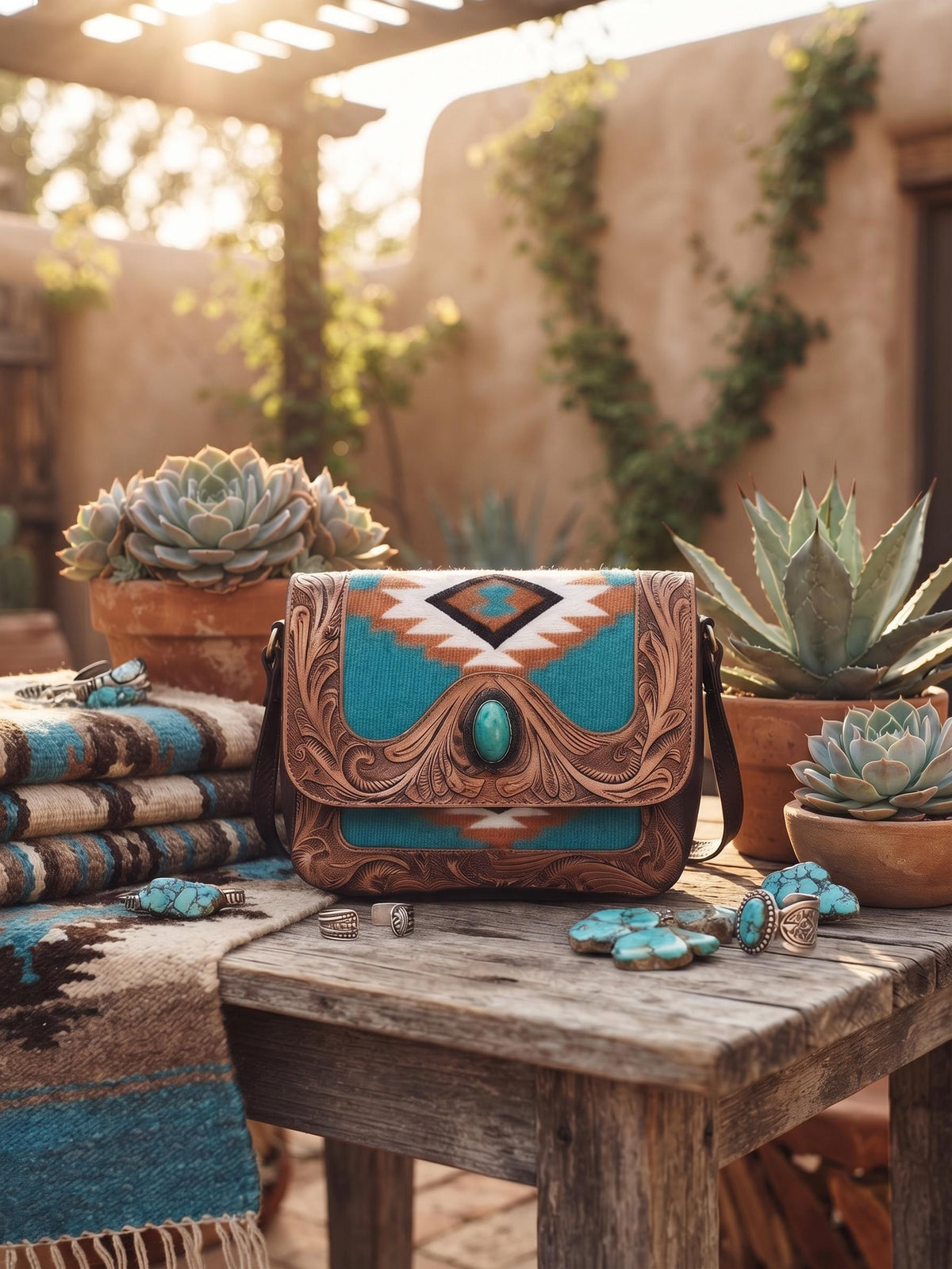 Southwestern Aztec Carpet Bag, Tooled Leather Boho Tote, Cowgirl Shoulder Bag, Western Hippie Travel Bag, Handmade Festival Purse